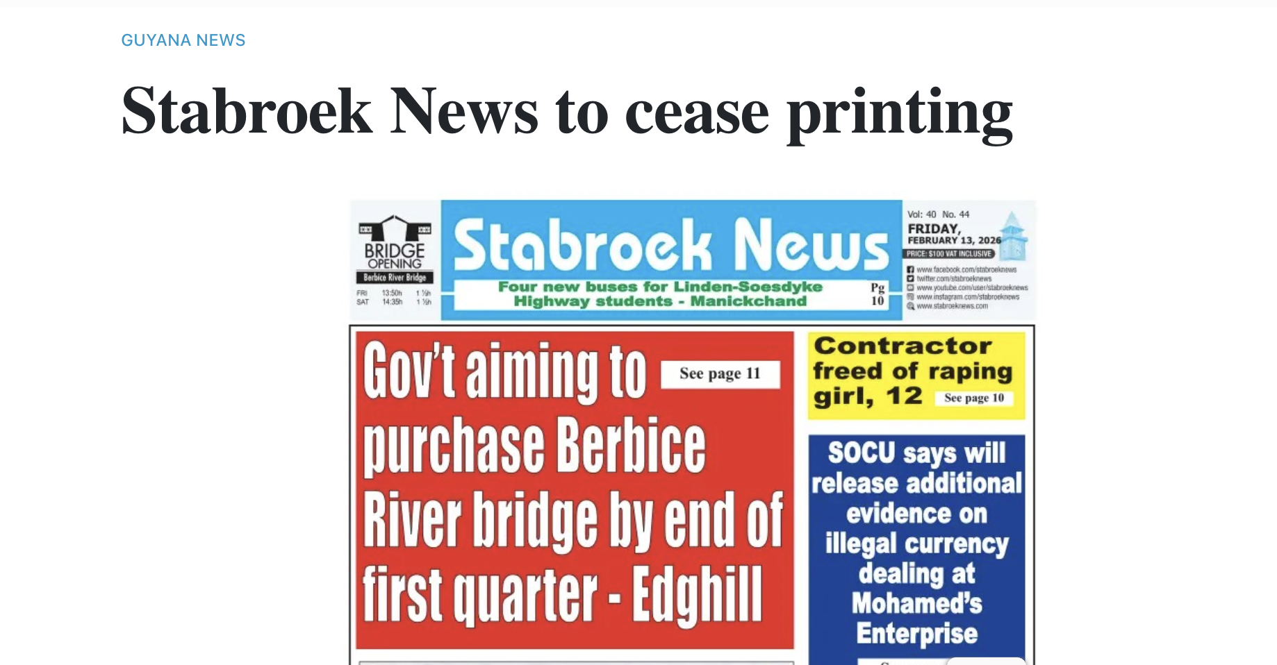 Stabroek News to cease printing from March 15, 2026